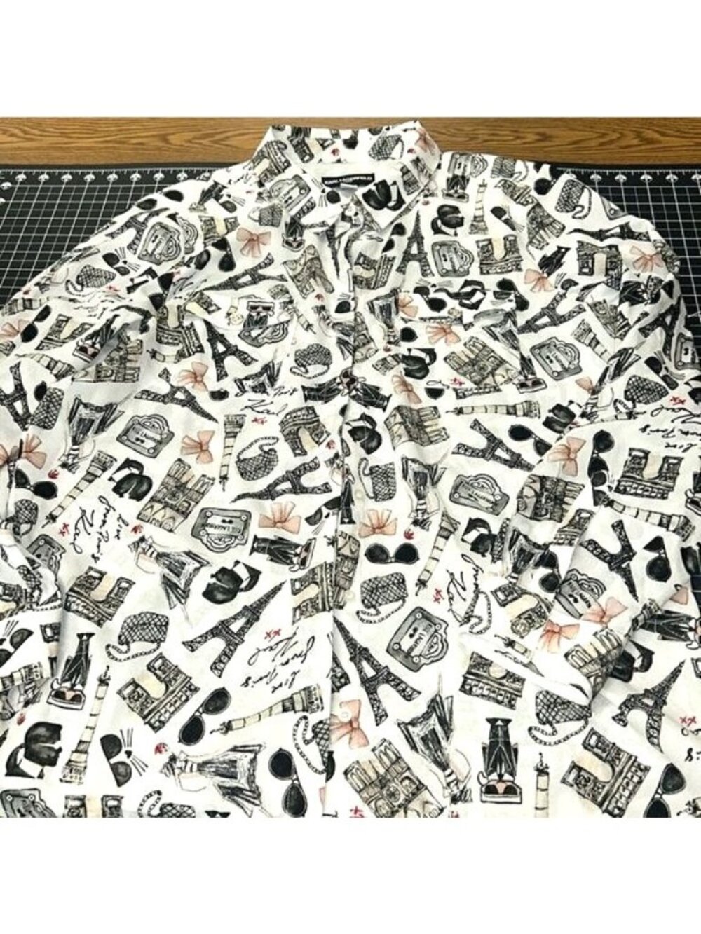 Karl Lagerfeld Paris Women’s Eiffel Tower Print Button-Up Blouse L